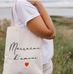Tote Bag "Marraine d'amour" en tissu avec effet de lin - 32 x 60 cm - Baptême