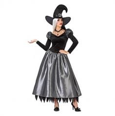 Halloween – Déguisement Femme – Sorcière avec chapeau – Noir et Argent (Taille au choix)