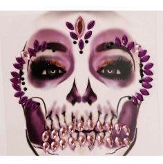 bijoux adhesifs visage halloween tete de mort rose et violet | jourdefete.com