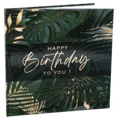 Un superbe livre d'or avec feuilles vertes et dorées pour votre anniversaire sur le thème de la jungle | jourdefete.com