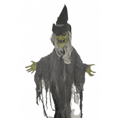 Cette sorcière animée pour Halloween parlera en prononçant des phrases telles que "Happy Halloween" sur un ton sarcastique | jourdefete.com