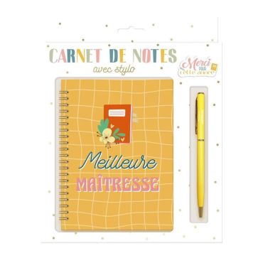 Un coffret comprenant un carnet de notes avec stylo pour la maîtresse de votre enfant | jourdefete.com