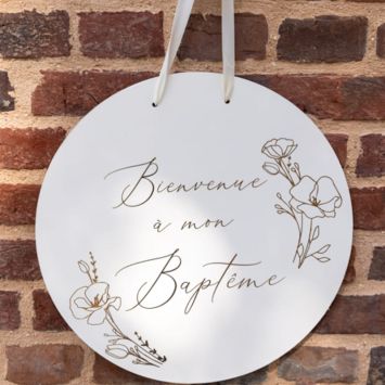 Panneau "Bienvenue à mon baptême" FSC® - Diamètre 38 cm - Collection Baptême Crème et Or